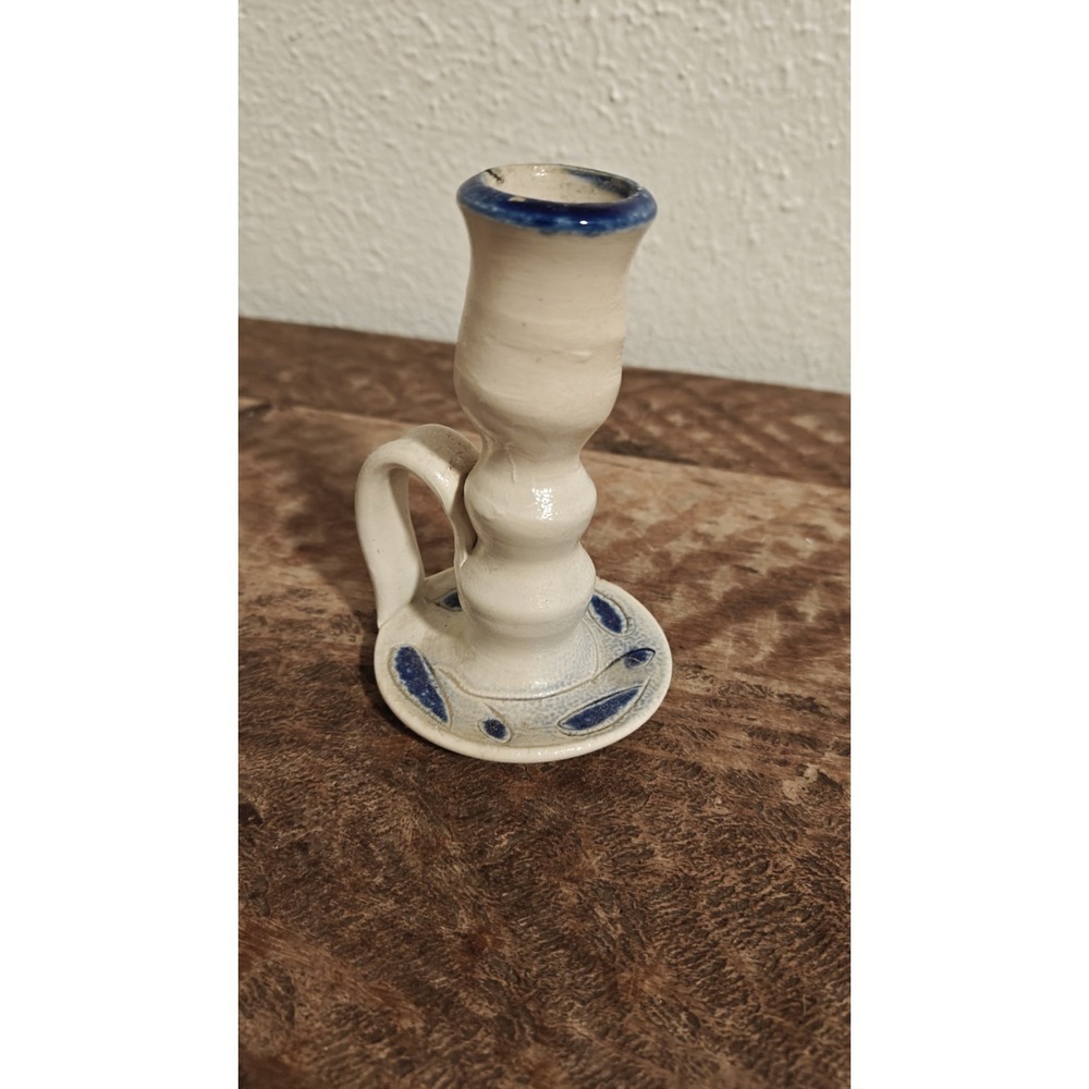 Williamsburg Pottery  Candlestick Holder Salt Glazed Cobalt Blue Leaf Gray